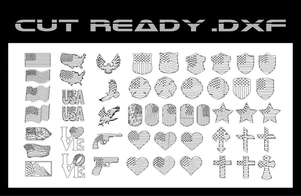The USA Flag Theme - DXF Cut Ready File Collection by Hytek Tools features digital artwork with DXF designs of American flags, eagles, maps, shields, stars, and crosses in outline style. The futuristic CUT READY FILE text complements the USA flag theme.