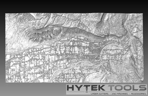 The Palisade Colorado - STL 3D Terrain Model from Hytek Tools - Fiber Laser Sales - USA showcases a grayscale map with a birds-eye view of city streets and landscapes, perfect for creating .stl 3D models.