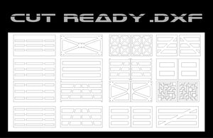 The 16 Gate & Panel Shapes Set - DXF Cut Ready File Collection by Hytek Tools features intricate vector line shapes, including lines, rectangles, and maze designs on a white background.