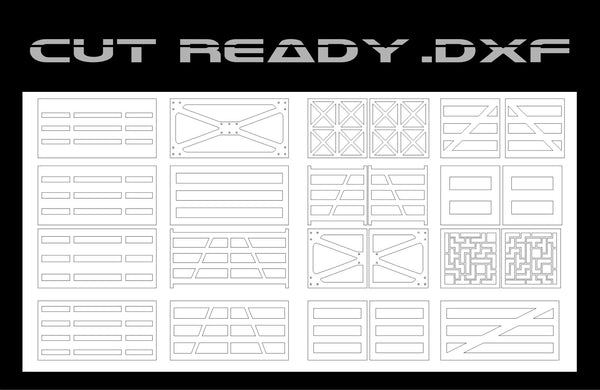 The 16 Gate & Panel Shapes Set - DXF Cut Ready File Collection by Hytek Tools features intricate vector line shapes, including lines, rectangles, and maze designs on a white background.