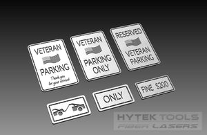 The image showcases the Parking Signs - DXF Cut Ready File Collection designed by Hytek Tools - Fiber Laser Sales - USA. Crafted with precision, it features a VETERAN PARKING ONLY sign, a $200 fine notice, and tow-away symbol, embodying the vector line accuracy of CNC routers.