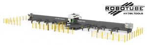 A large industrial 3 Chuck - ROBOTUBE™ MODEL RT3 Fiber Laser Metal Tube Cutter by Hytek Tools is shown with yellow safety barriers. The ROBOTUBE RT3 logo appears in the top right corner of the image.