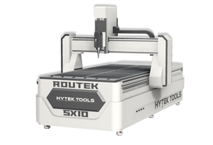 The 2024 ROUTEK™ CNC Industrial Router Machine Pkg by Hytek Tools, model SX10, is a white CNC router with a large worktable, vertical spindle, precision rails, and stainless steel ball screw, set against a plain background.