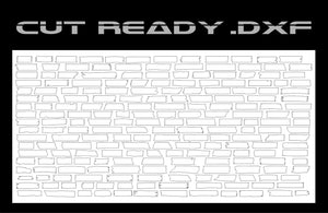 A grid of irregular brick outlines on a white background, featuring the bold, futuristic text CUT READY .DXF, showcases the Rustic Sign Shapes 200 Set from Hytek Tools - Fiber Laser Sales - USA.