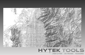 Hytek Tools - Fiber Laser Sales - USA presents the Salt Lake City Utah STL 3D Terrain Model featuring an urban grid pattern on the left and mountainous contour lines on the right, highlighting Hytek Tools precision in creating .stl format models.