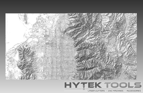 Hytek Tools - Fiber Laser Sales - USA presents the Salt Lake City Utah STL 3D Terrain Model featuring an urban grid pattern on the left and mountainous contour lines on the right, highlighting Hytek Tools precision in creating .stl format models.