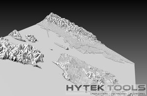 A 3D rendering of San Francisco, Californias rugged terrain with detailed elevation is ideal for CNC router adaptation. The foreground transitions to sharp peaks, and the image in .stl format features Hytek Tools - Fiber Laser Sales - USA branding at the bottom right corner.