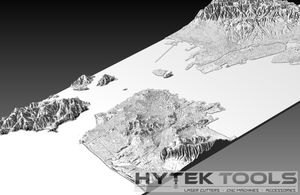The San Francisco California - STL 3D Terrain Model by Hytek Tools - Fiber Laser Sales - USA depicts SFs topography, including mountains and coasts, on a gradient black-to-white background with the brand logo in the bottom right corner.