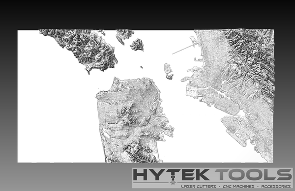 The San Francisco California STL 3D Terrain Model by Hytek Tools - Fiber Laser Sales - USA is a black and white topographical map with detailed coastal terrain, optimized for CNC routers. Elevated land areas contrast with flat regions, and it includes a gradient border with Hytek Tools branding.