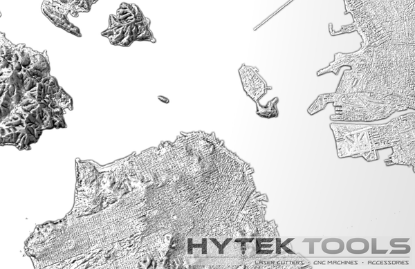 The San Francisco California - STL 3D Terrain Model by Hytek Tools features a textured map-like design on white, evoking a coastal area. It highlights precision tools like Aspire v11.5, laser cutters, CNC routers, and accessories from Hytek Tools - Fiber Laser Sales - USA.