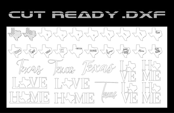 The image displays the Texas Theme - Cut Ready File Collection by Hytek Tools, featuring digital art vector designs of Texas shapes with words like Texas, Home, Love, and TX. Some blend Texas and USA flag themes. CUT READY .DXF is prominently featured at the top.