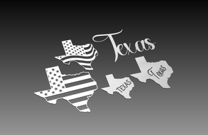 Five stylized Texas shapes showcasing diverse fonts, including U.S. flag patterns and solid colors on a gradient backdrop, are part of the All 50 USA States Theme in our Cut Ready DXF File Collection by Hytek Tools - Fiber Laser Sales - USA.