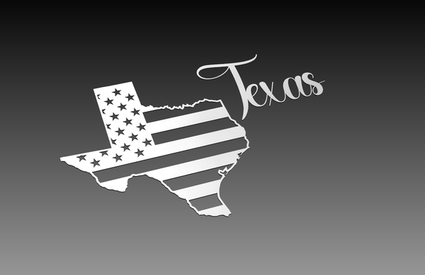 The Texas Theme - Cut Ready File Collection by Hytek Tools showcases a silhouette of Texas adorned with an American flag pattern on a black and gray gradient background, featuring stars, stripes, and Texas in cursive. This digital art vector captures the essence of both Texas and USA flags.
