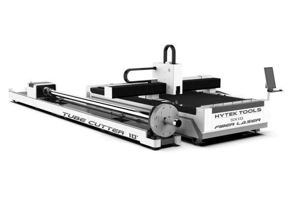 The Hytek Tools Fiber Laser 5x10 - Tube Cutter Combo OPEN is a large industrial laser cutting machine featuring a sleek, modern design. It offers a long cutting area and an attached control panel for precise operation with customizable cut dimensions.