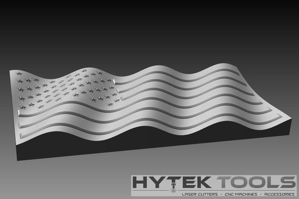 The USA Waving 3D Flag - STL Model features stars and stripes flowing over a dark gradient. The bottom displays the Hytek Tools logo, known for precision fiber laser sales in the USA.