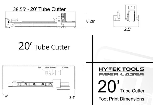 Technical blueprint of Hytek Tools NEW - ROBOTUBE™ Fiber Laser Metal Tube Cutter. Includes Tube Cut Pro Software, front, side, and top views with dimensions: 38.55ft L x 8.28ft H x 12.5ft W. Features fan, gas bottles, chiller for precision cutting with advanced Tube Laser Cutter technology.