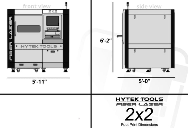 Diagram of the Hytek Tools Fiber Laser 2x2 - The Collegiate Laser reveals a front screen and control panel with 2x2 on top. A side view shows a closed compartment measuring 62 tall by 50 wide with 2x2 Foot Print Dimensions, featuring advanced Fiber Laser technology for precision.