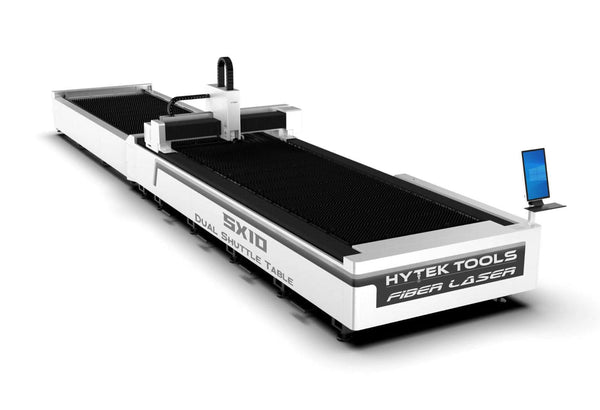 Hytek Tools Dual Table Exchange Fiber Laser 1000w-6000w is a large industrial machine with a dual shuttle table and Cypcut controller, expertly designed for precise cutting and engraving of laser-cut metals and various materials.