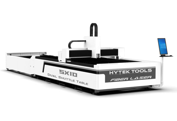 The Hytek Tools Dual Table Exchange Fiber Laser 1000w-6000w is a sleek white machine with a Cypcut Controller and dual shuttle table. It features a modern design with a right-side display, perfect for industrial laser metal cutting.