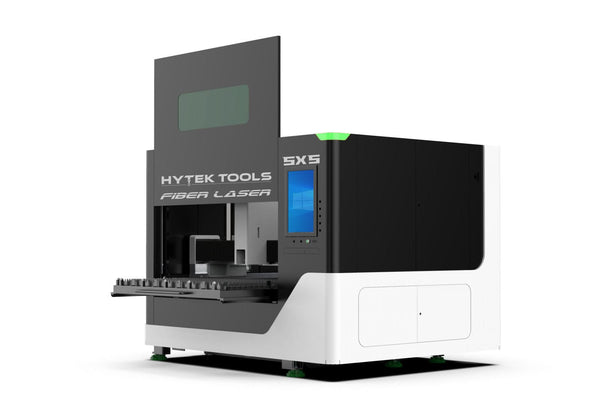 The Hytek Tools Fiber Laser 5x5 - 1000w-3000w is a black and white machine with green accents, equipped with stainless steel guide rails. It has an open hatch for viewing internal components and features a side display screen, highlighting its precision engineering.