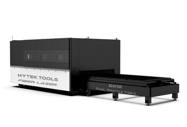 The Hytek Tools Fiber Laser 6x12 | 6000w-12000w features a 6X12 dual shuttle table, an aviation-grade aluminum gantry, and is predominantly black and white. Its rectangular structure uses advanced IPG Photonics technology for precision cutting.
