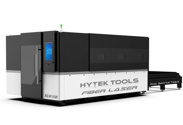 The Fiber Laser 6x12 by Hytek Tools, offering 6000w-12000w, features a dual shuttle table and control panel. Its sleek black and white design includes an aviation-grade aluminum gantry powered by IPG Photonics for advanced precision.