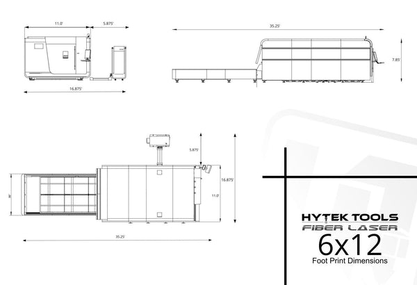 Discover the technical diagram of the Fiber Laser 6x12 by Hytek Tools, displaying top and side views with dimensions 16.67, 8.75, 32.57, 11.67, and 7.50. It features an Aviation Grade Aluminum Gantry and IPG Photonics for higher precision over a 6x12-foot print area.