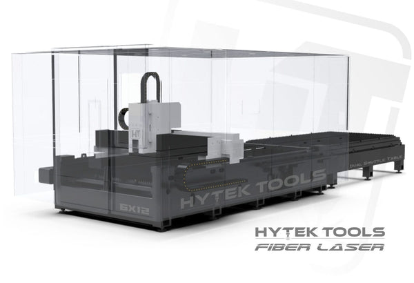 A computer-generated image displays the sleek black Hytek Tools Fiber Laser 6x12 (6000w-12000w), featuring its Aviation Grade Aluminum Gantry and dual shuttle tables, with transparent housing proudly showcasing the brand name.