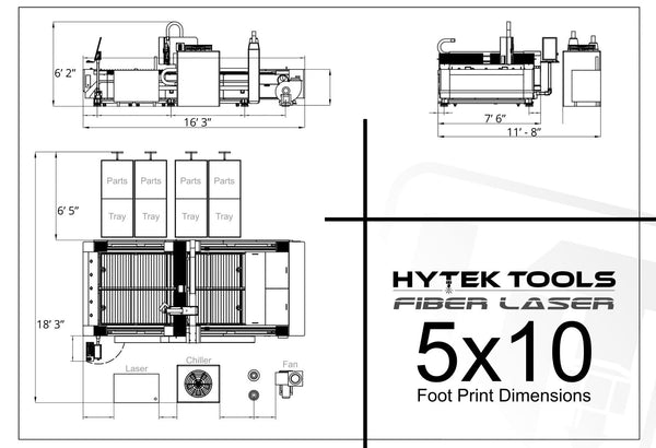 Diagram of the 2025 FIBERTEK™ Fiber Laser 5x10 machine from Hytek Tools, detailing dimensions: a top view shows parts trays and components at 163 by 62 and an additional 118 by 76, illustrating its efficient footprint for laser cutting precision.