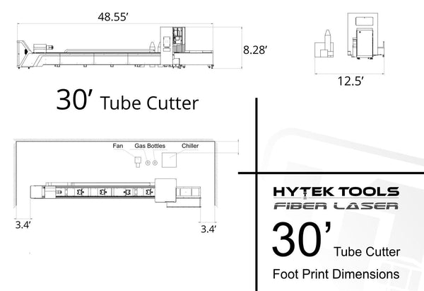 The technical diagram showcases the NEW - ROBOTUBE™ Fiber Laser Metal Tube Cutter by Hytek Tools, featuring a 30-foot cutter with dimensions of 48.55 ft (L), 8.28 ft (H), and 12.5 ft (W). Labeled features include a fan, gas bottles, chiller, and integrates Tube Cut Pro Software with HYTEK TOOLS FIBER LASER tech.