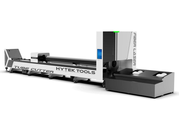 A large industrial machine labeled Hytek Tools, featuring ROBOTUBE™ Fiber Laser Metal Tube Cutter with sleek design, a long metal frame, and black components for tube processing.