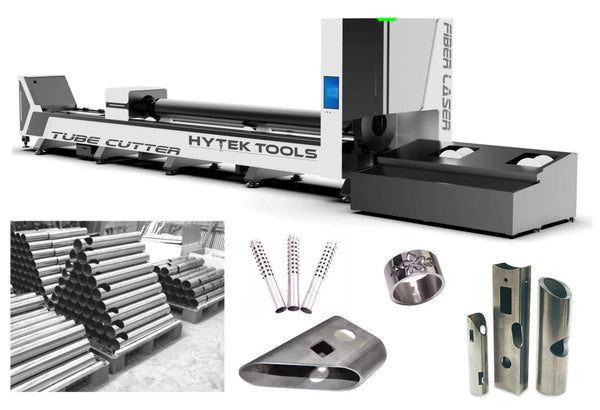 Image showcasing the NEW - ROBOTUBE™ Fiber Laser Metal Tube Cutter by Hytek Tools. Photos of metal tubes, cylinder parts, and cut shapes highlight its capabilities, while the Tube Cut Pro Software ensures precise designs and efficient operation.