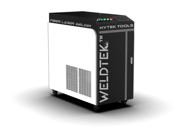 The WeldTEK™ RAYCUS Fiber Laser Welder 1000-3000w by Hytek Tools features a sleek black and white design with top control buttons and indicators. It has HYTEK TOOLS and WELDTEK logos on the sides, is liquid-cooled for mobility, and glides smoothly on wheels.